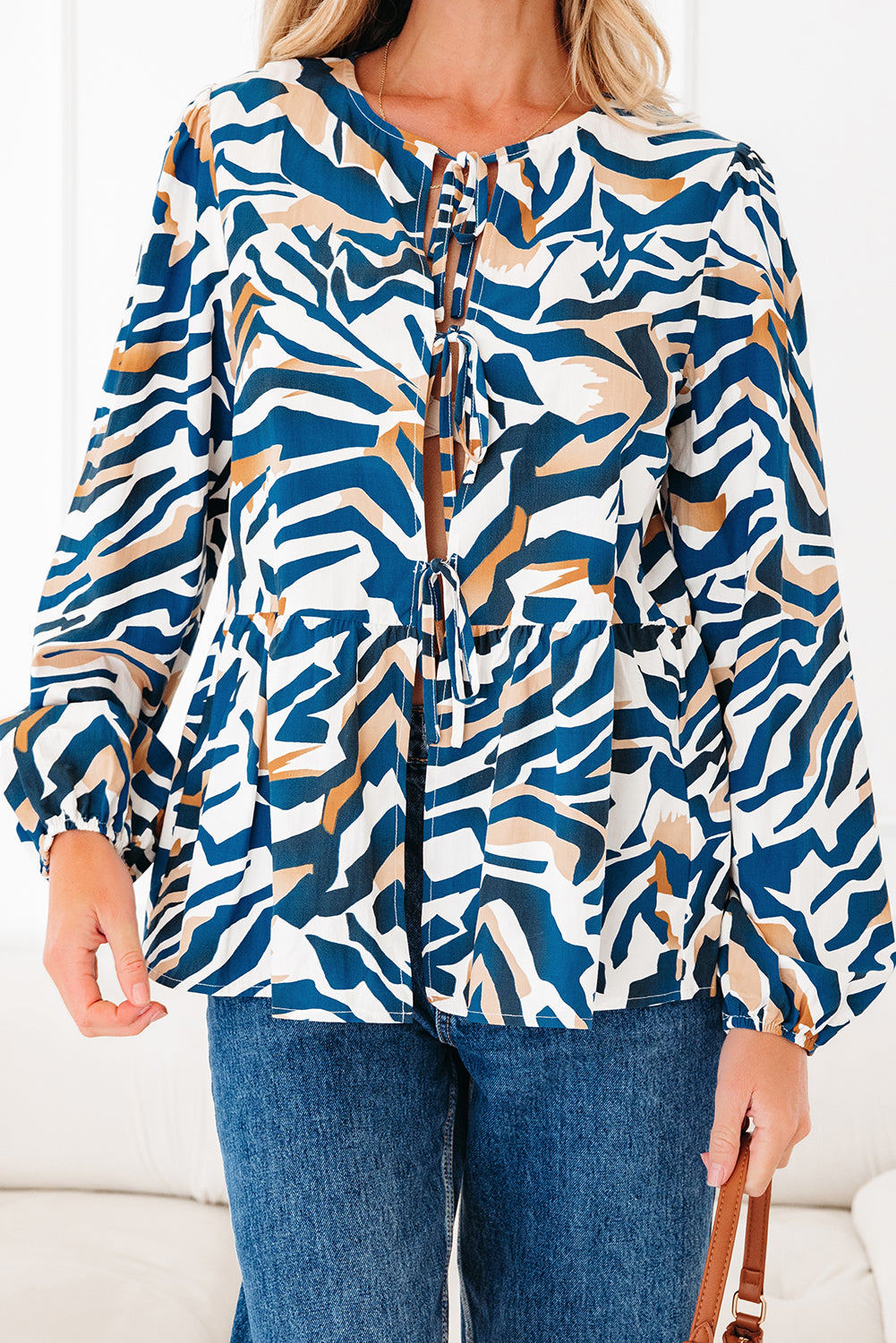 Zebra Tie-Front Puff-Sleeve Top