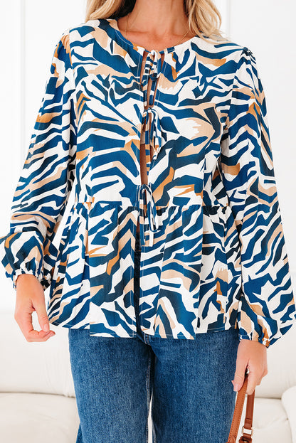 Zebra Tie-Front Puff-Sleeve Top