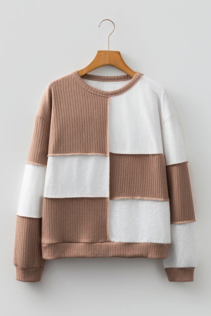 Khaki Check Colorblock Knit Top