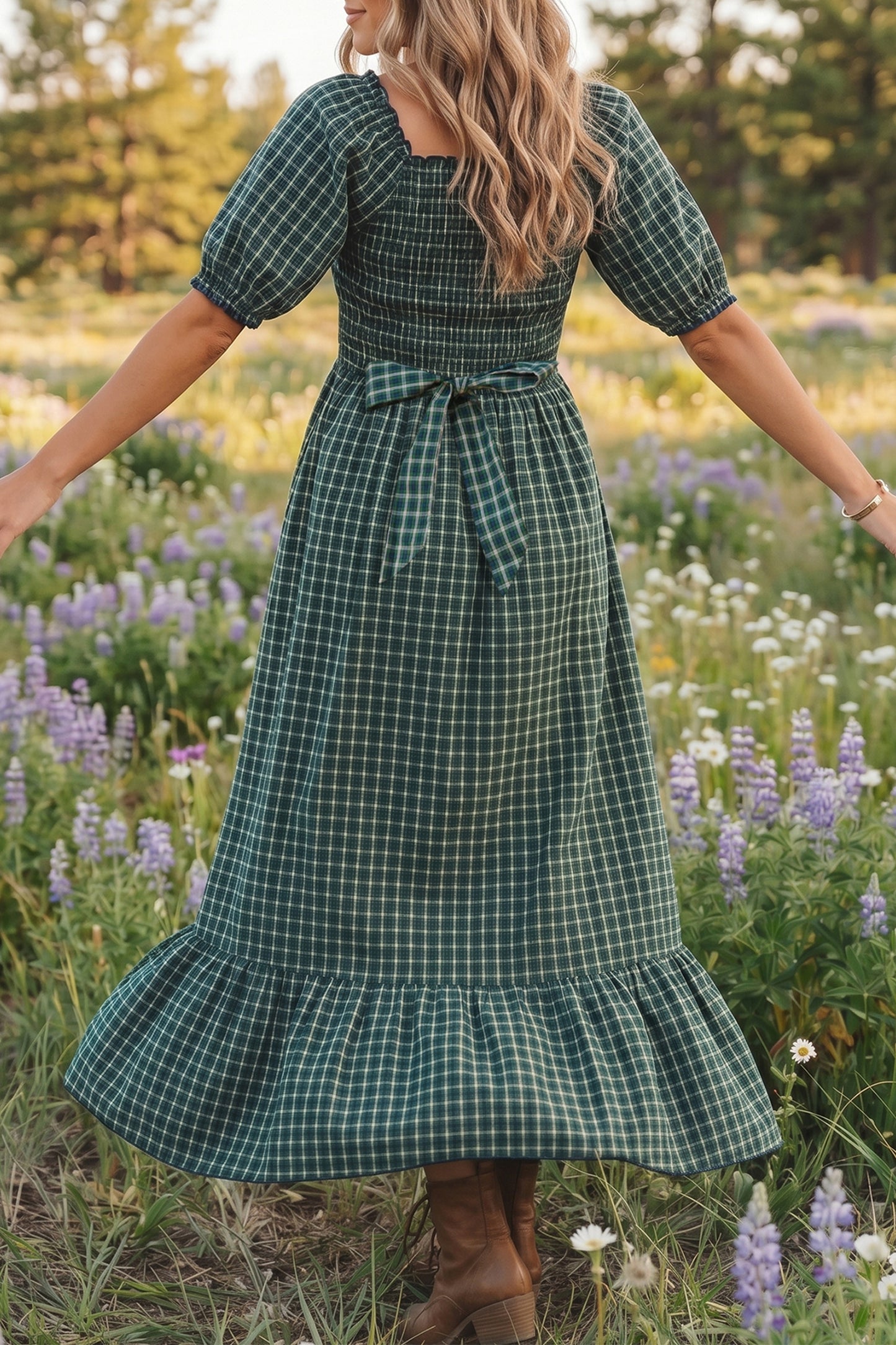 Porch Plaid Square Neck Dress