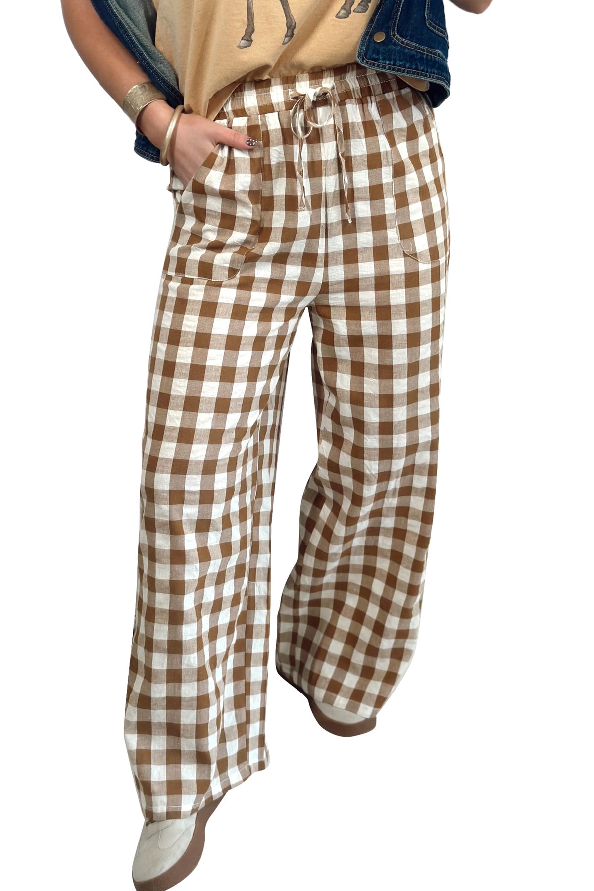 Gingham Plaid Tie-Waist Pants