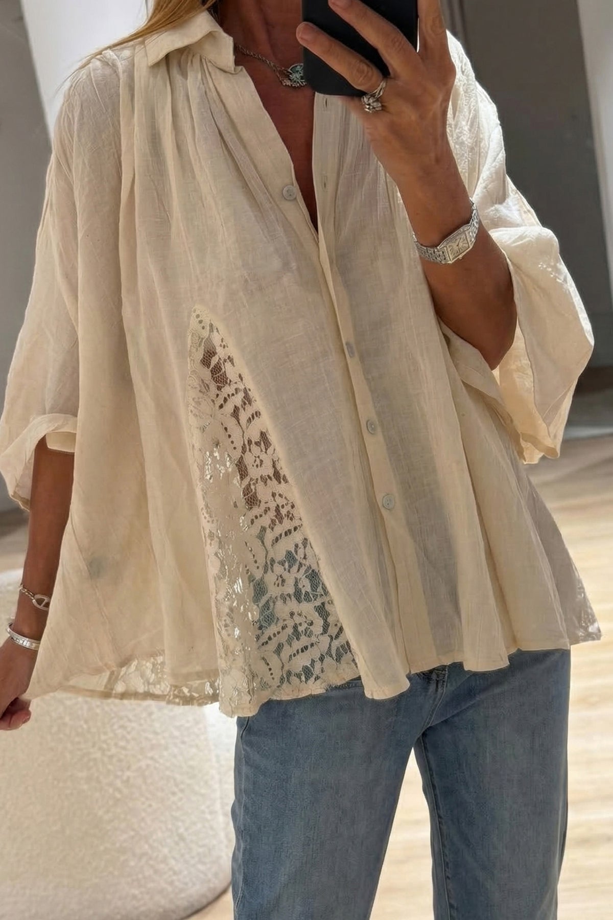 Sheer Lace Bracelet-Sleeve Shirt