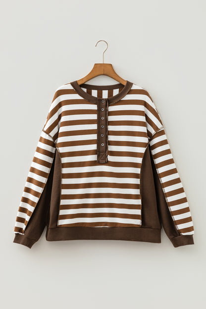 Brown Stripe Exposed-Seam Henley Sweatshirt