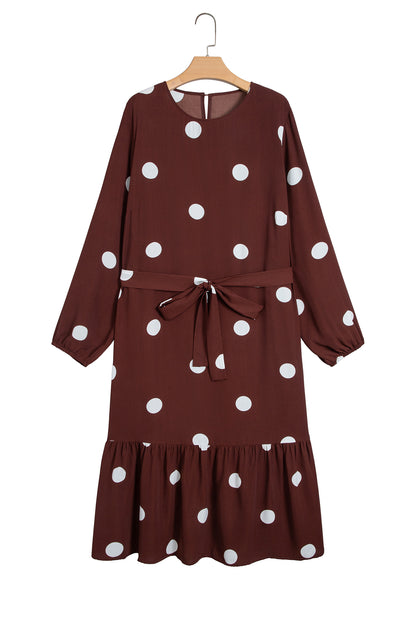 Brown Polka Dot Tie-Waist Dress