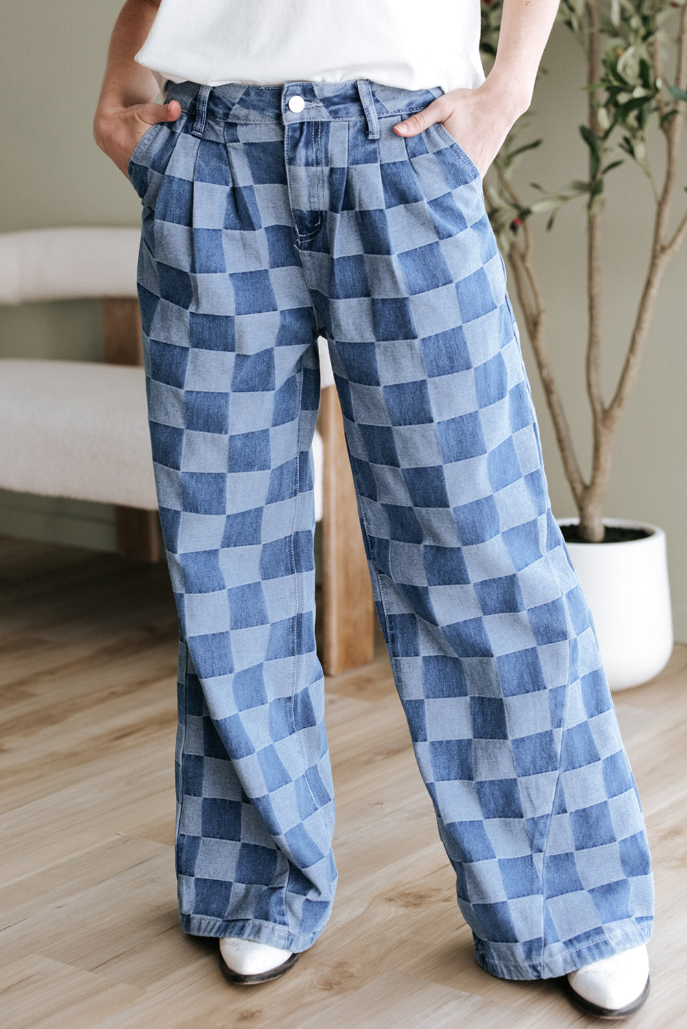 Hay Bale Checkered Denim Wide Leg Jeans