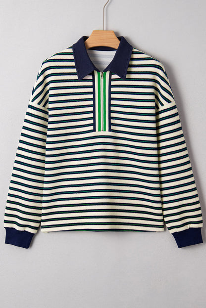 Stripe Contrast Zip Collared V-Neck Long Sleeve Top