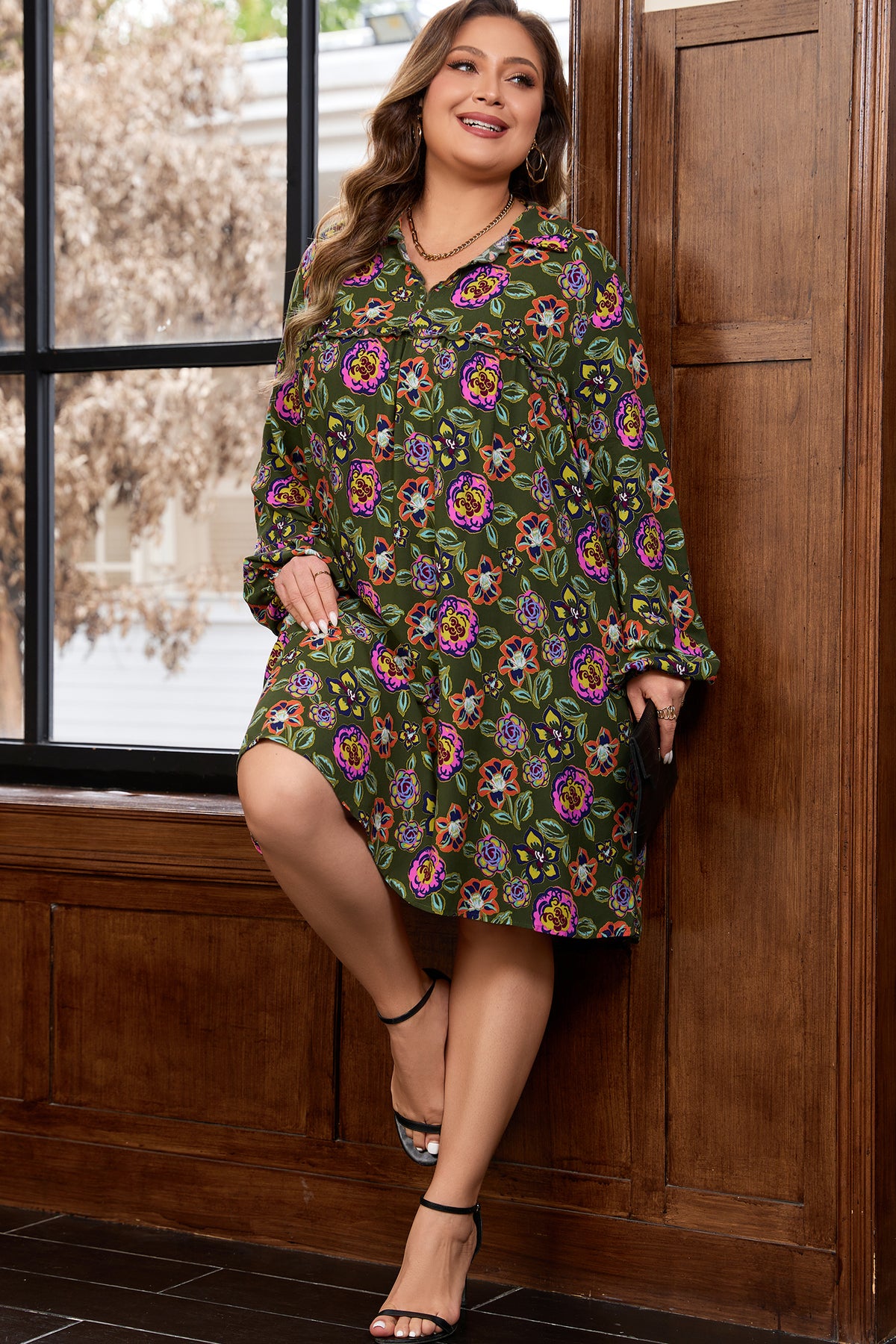 Green Floral Collared Mini Dress