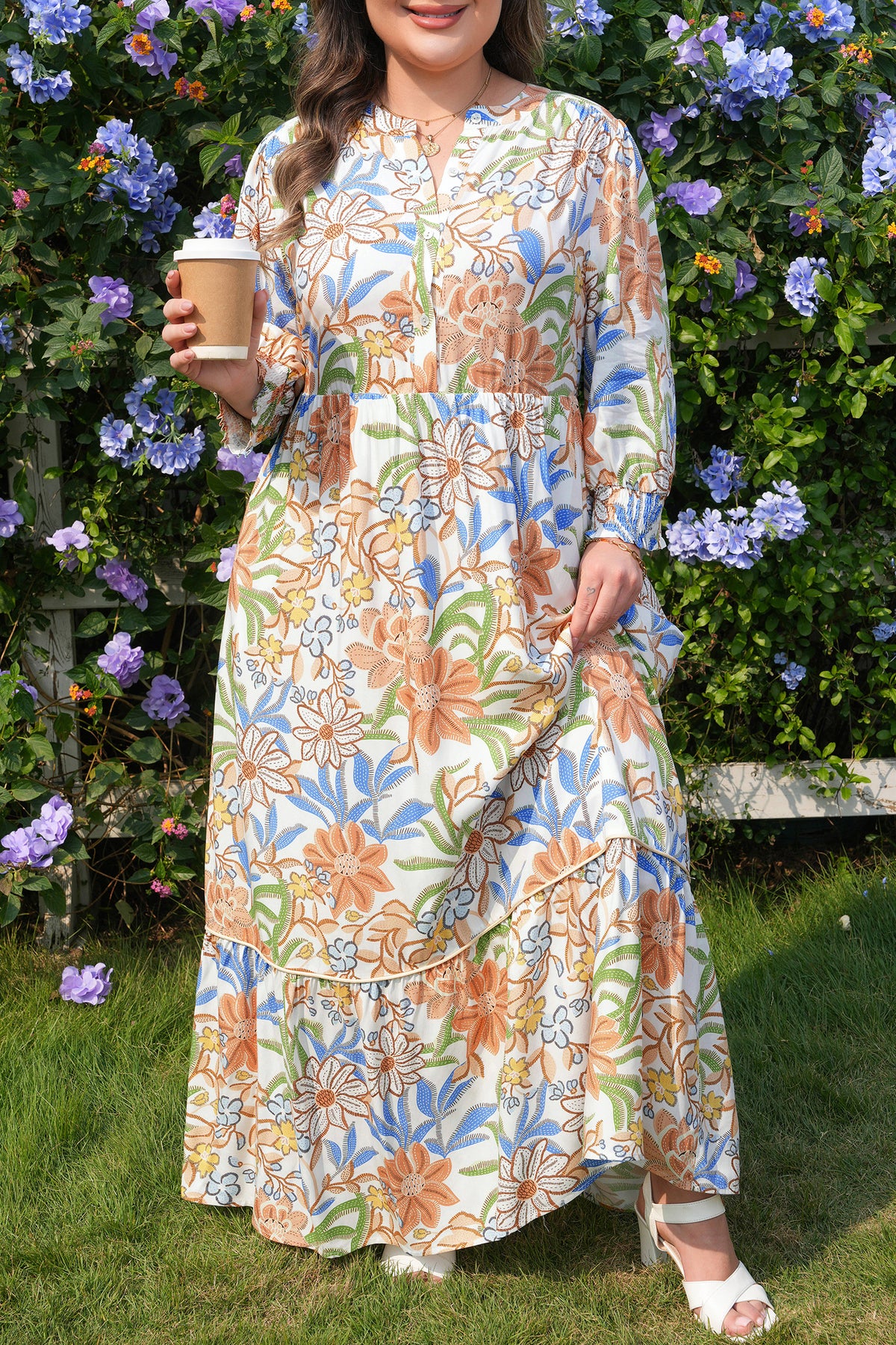 Khaki Floral Tiered Maxi Dress