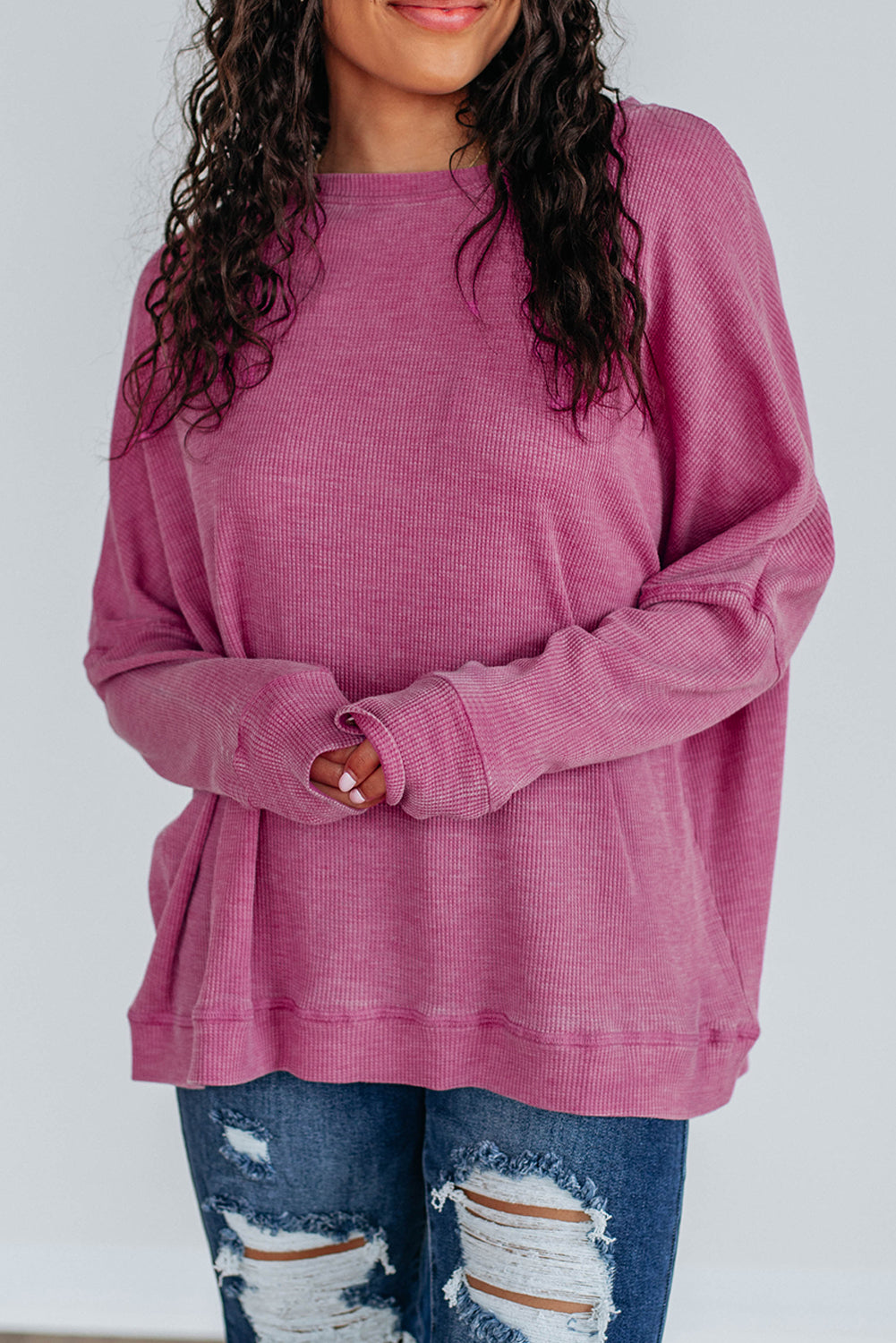 Waffle Knit Patchwork Long Sleeve Loose Top