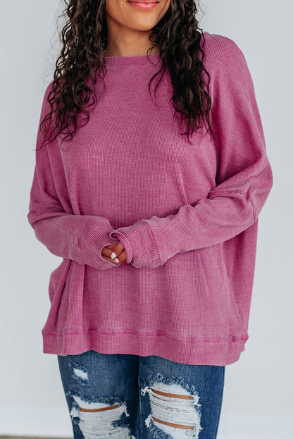 Waffle Knit Patchwork Long Sleeve Loose Top