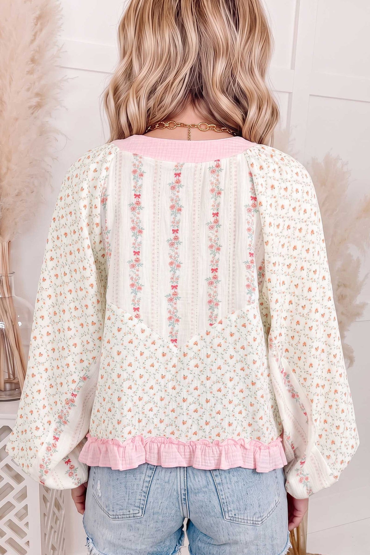 Floral Contrast-Trim Lace-Up Blouse