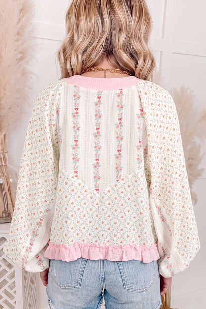Floral Contrast-Trim Lace-Up Blouse