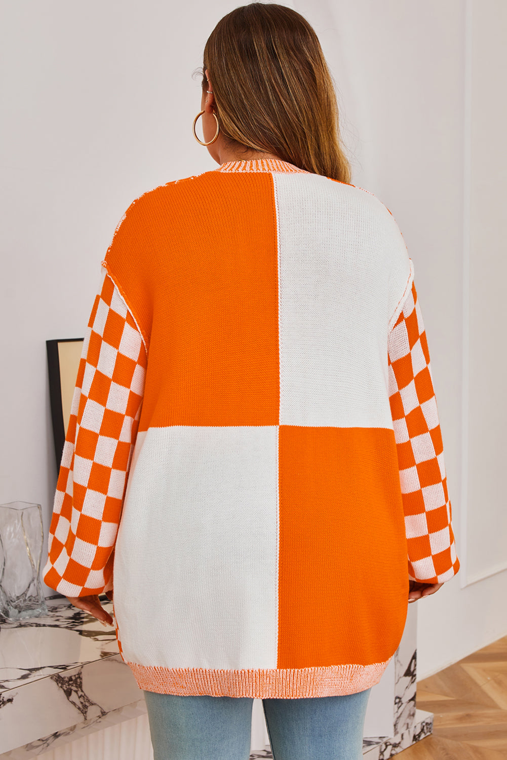 Checkered Bubble-Sleeve Cardigan