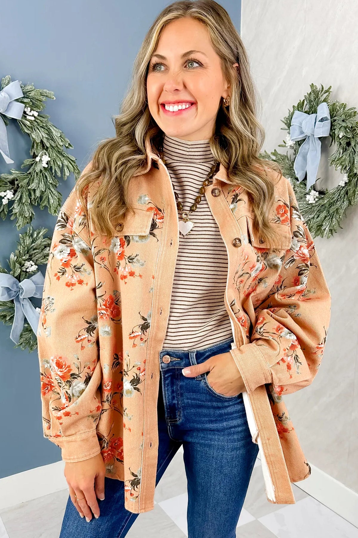 Khaki Floral Denim Jacket