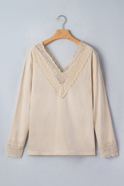 Lace-Trim V-Neck Long-Sleeve Top