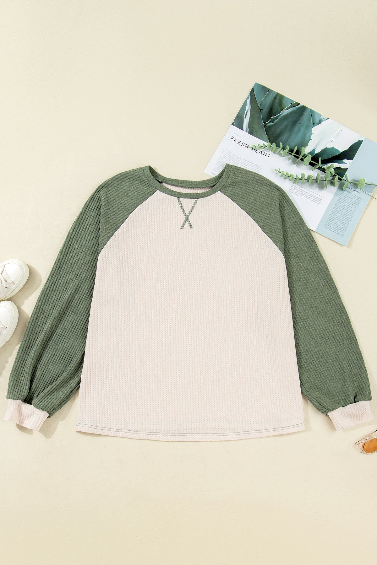 Mist Green Waffle Colorblock Top