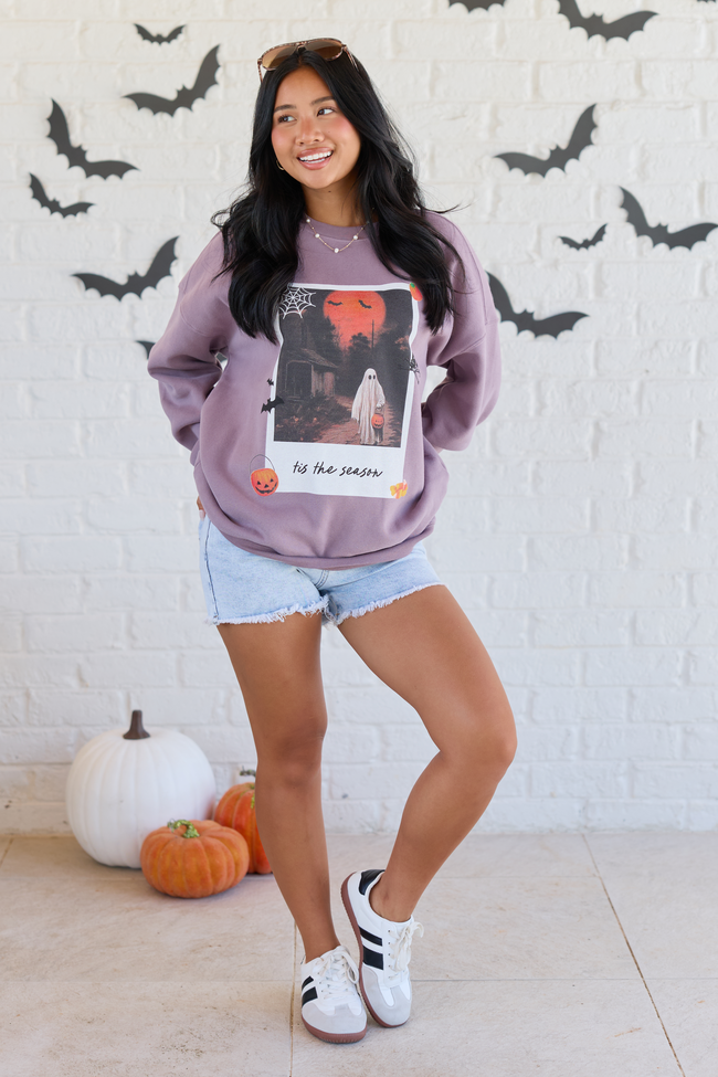 'Tis The Season Halloween Photo Print Dark Purple Oversized Graphic Sweatshirt