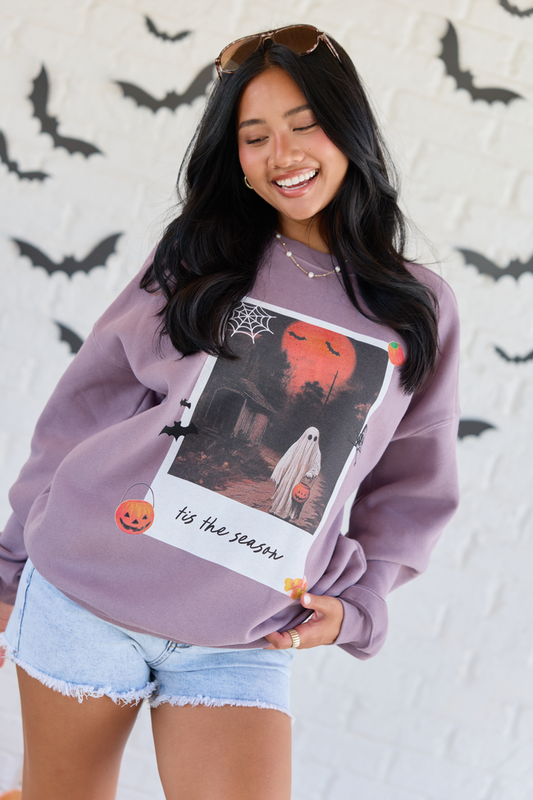 'Tis The Season Halloween Photo Print Dark Purple Oversized Graphic Sweatshirt