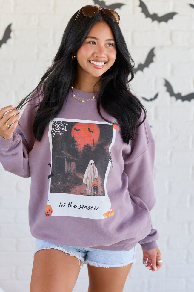 'Tis The Season Halloween Photo Print Dark Purple Oversized Graphic Sweatshirt