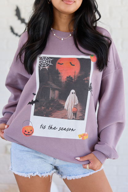 'Tis The Season Halloween Photo Print Dark Purple Oversized Graphic Sweatshirt