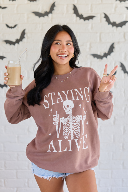 Staying Alive Mocha Oversized Graphic Sweatshirt