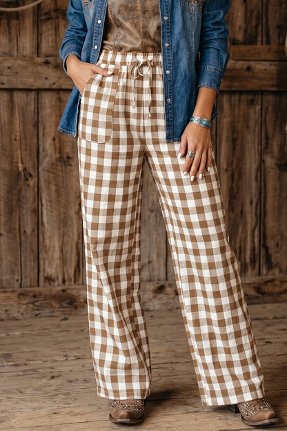 Red Gingham Plaid Tie Elastic Waist Shift Pants