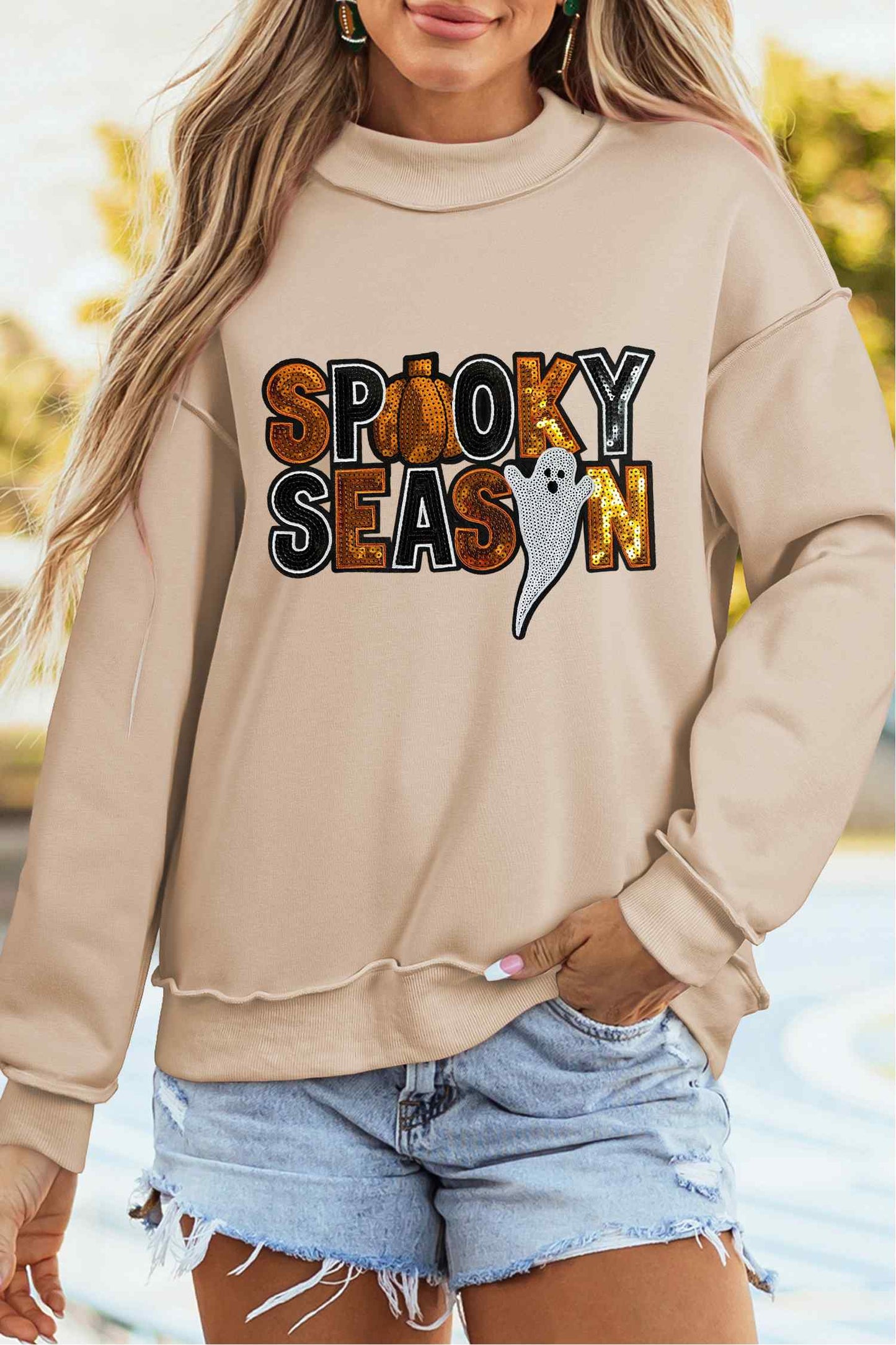 Spooky Season Sequin Mock Neck Sweatshirt