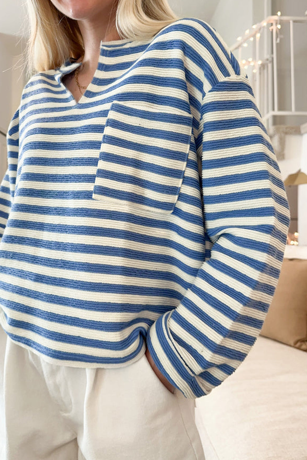 Striped Pocket Notch-Neck Top