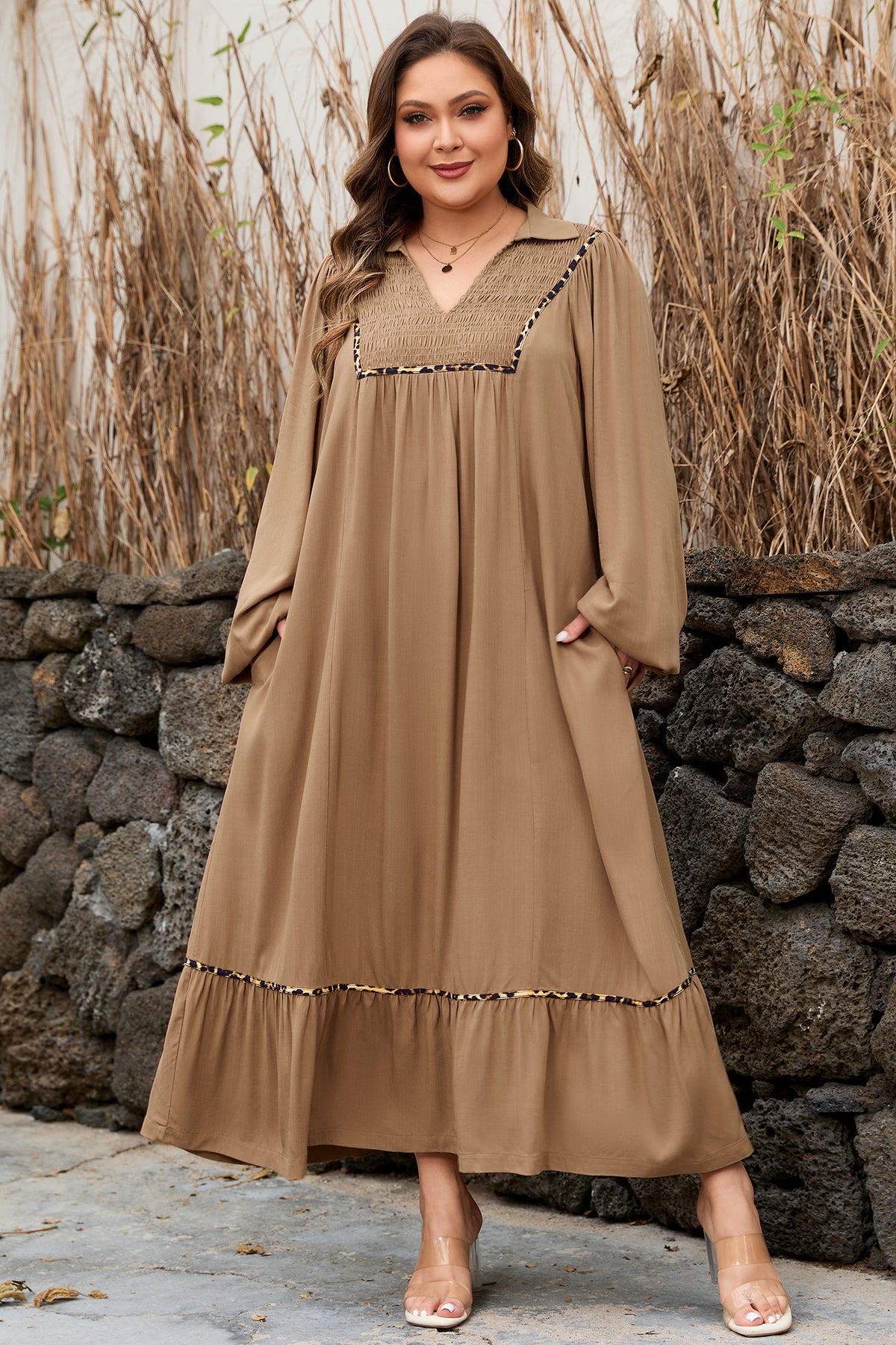 Chestnut Leopard-Trim Maxi Dress
