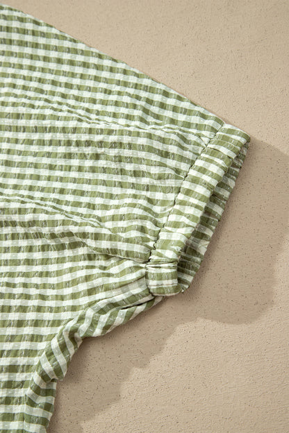 Plaid Colorblock Split-Neck Blouse