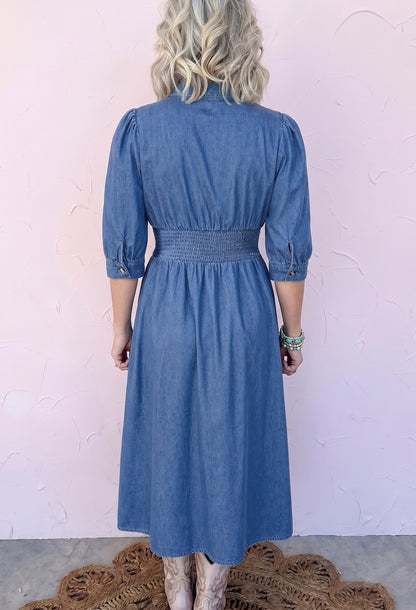 Riverbend Denim Puff Sleeve Midi Dress