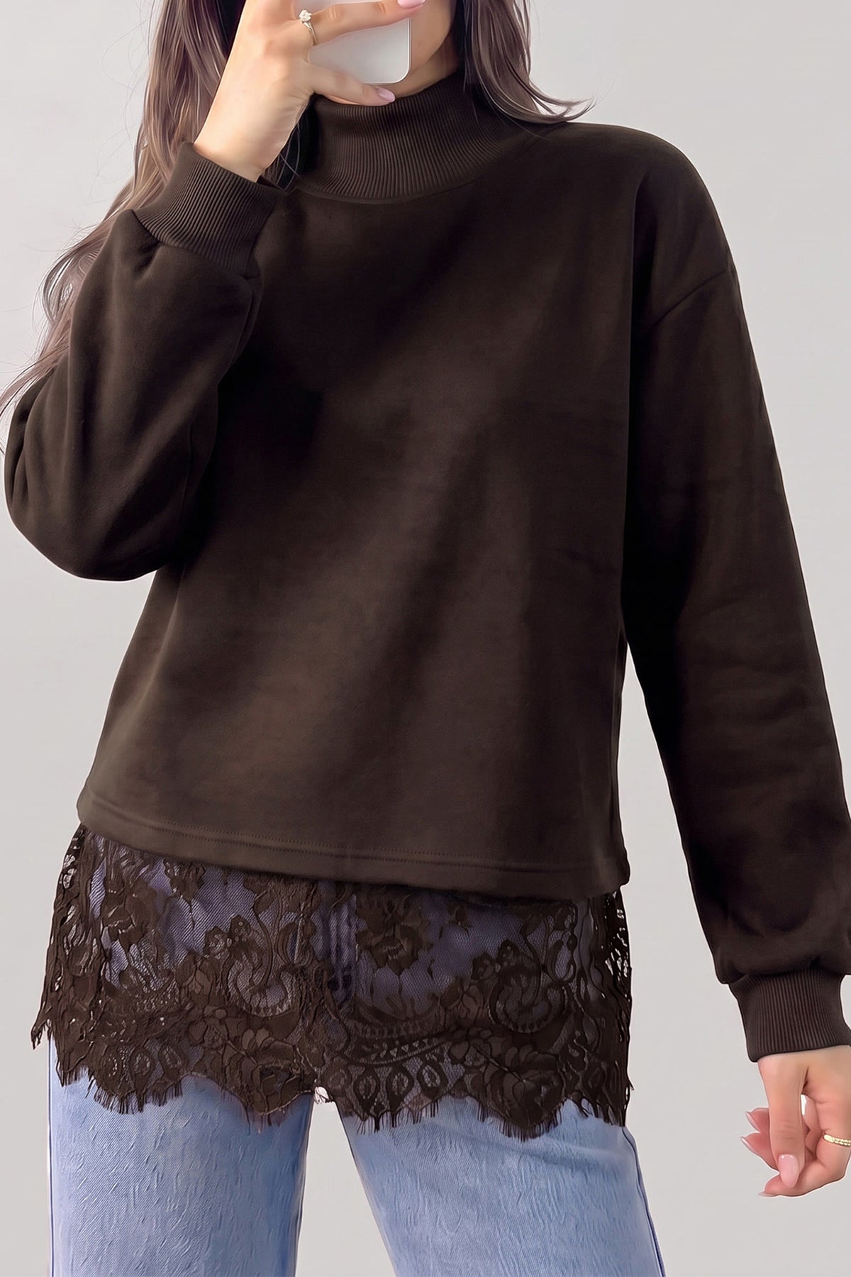 Lace-Hem Mock Neck Sweatshirt