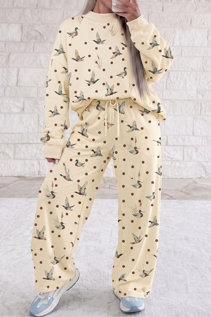 Beige Polka Dot Mallard Print Crewneck Pullover Two Piece Pants Set