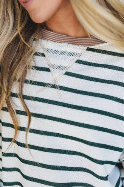 White Stripe Ribbed Drop-Shoulder Sweatshirt