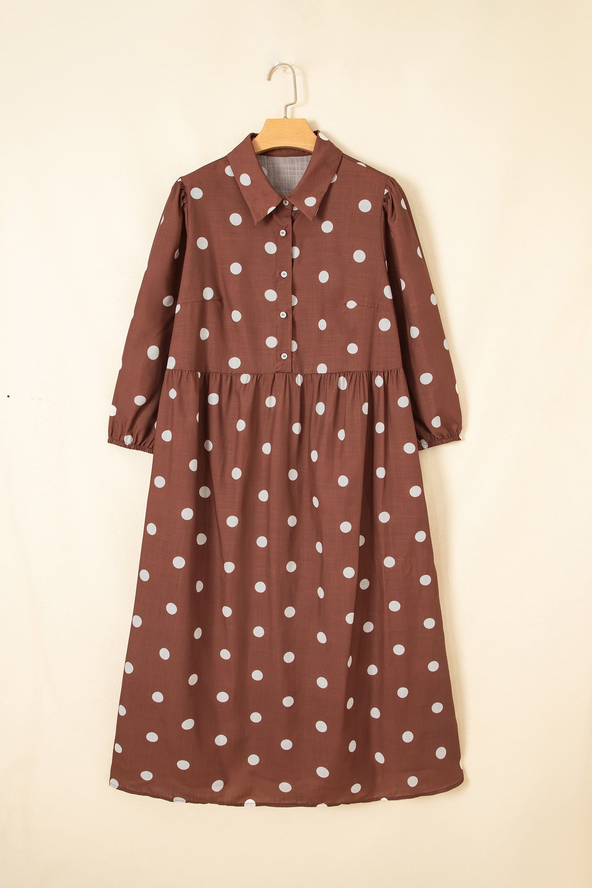 Brown Polka Dot Pocket Midi Dress