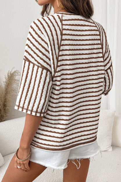 Textured Knit Split Hem Half Sleeve Loose Top