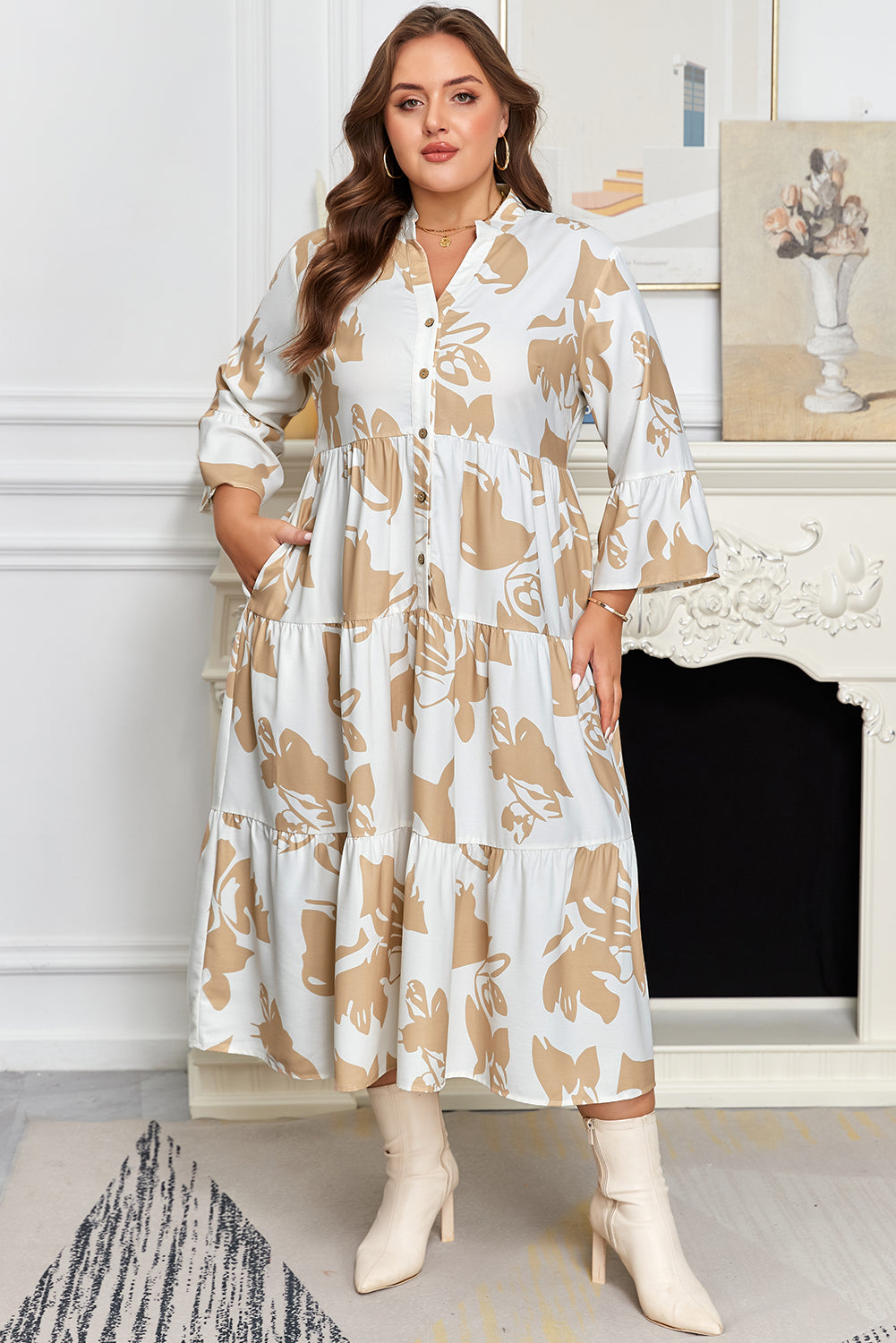 Khaki Patterned Tiered Maxi Dress