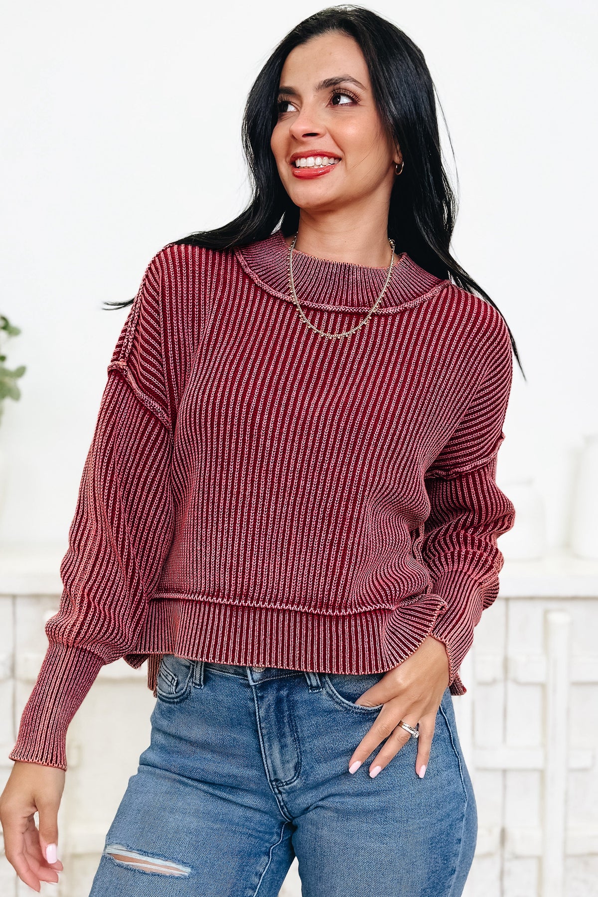 Red Dahlia Ribbed High-Neck Sweater