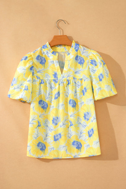 Floral Bubble-Sleeve Blouse