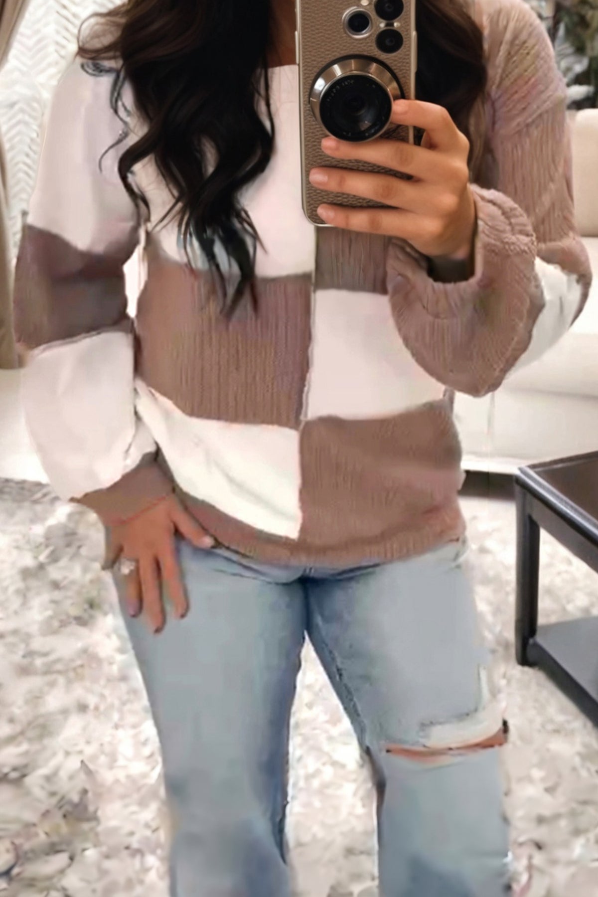 Khaki Check Colorblock Knit Top