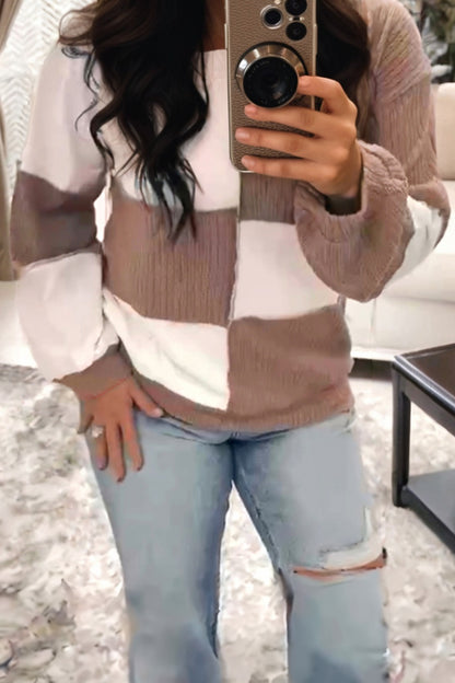 Khaki Check Colorblock Knit Top