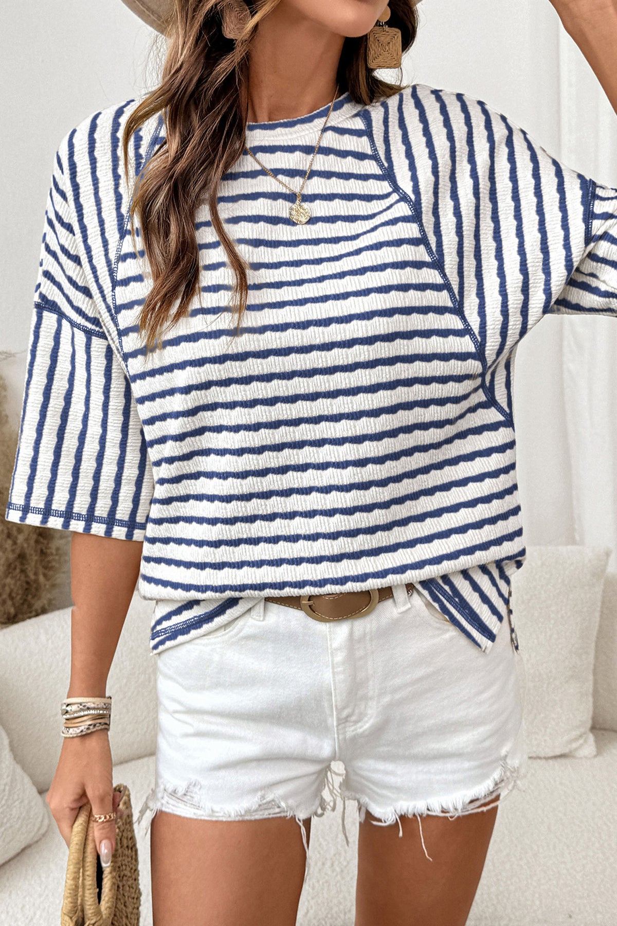 Textured Knit Split Hem Half Sleeve Loose Top