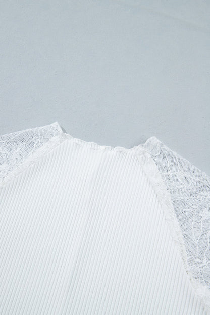 Solid Sheer Lace Long Sleeve Ribbed Knit Top