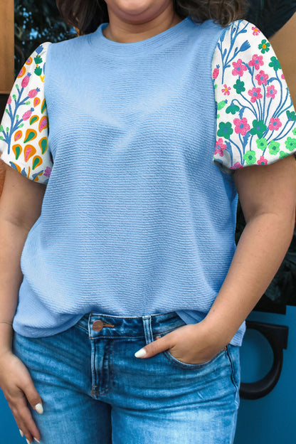 Floral-Sleeve Textured Top