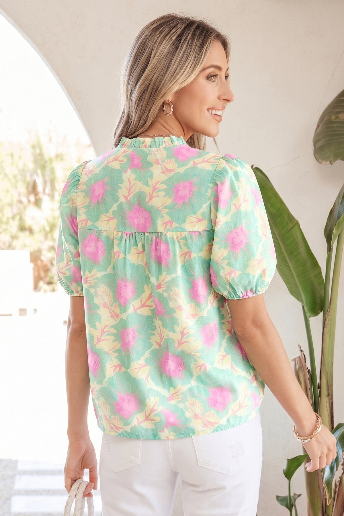 Floral Bubble-Sleeve Blouse