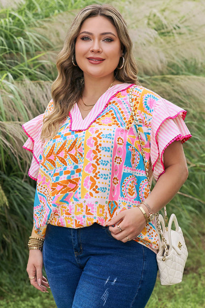 Rose Plus Size Geometric Print Contrast Trim Striped V Neck Blouse