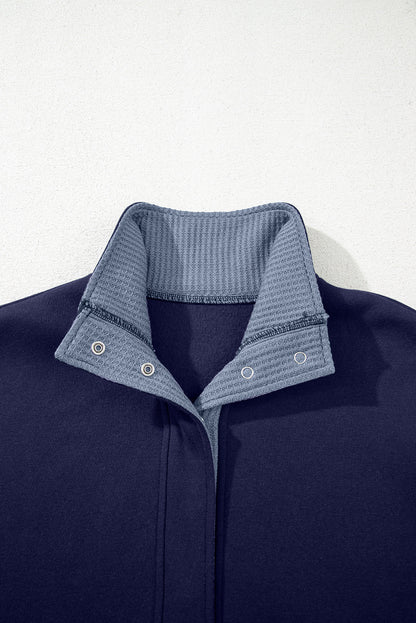 Waffle Knit Contrast Collar Half Buttoned Sweatshirt