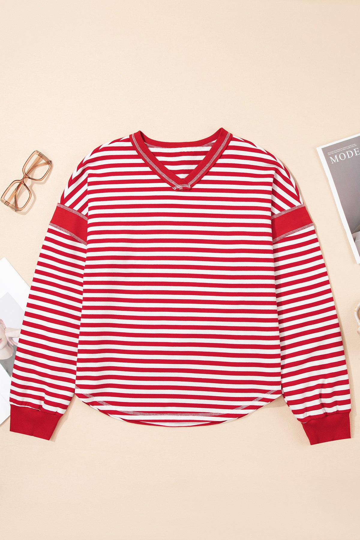Striped Exposed-Seam V-Neck Pullover