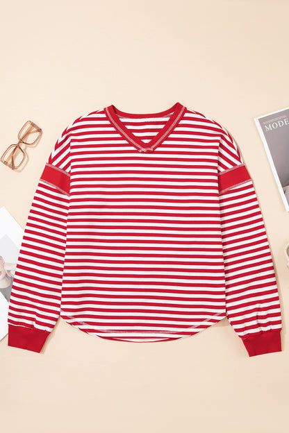 Striped Exposed-Seam V-Neck Pullover
