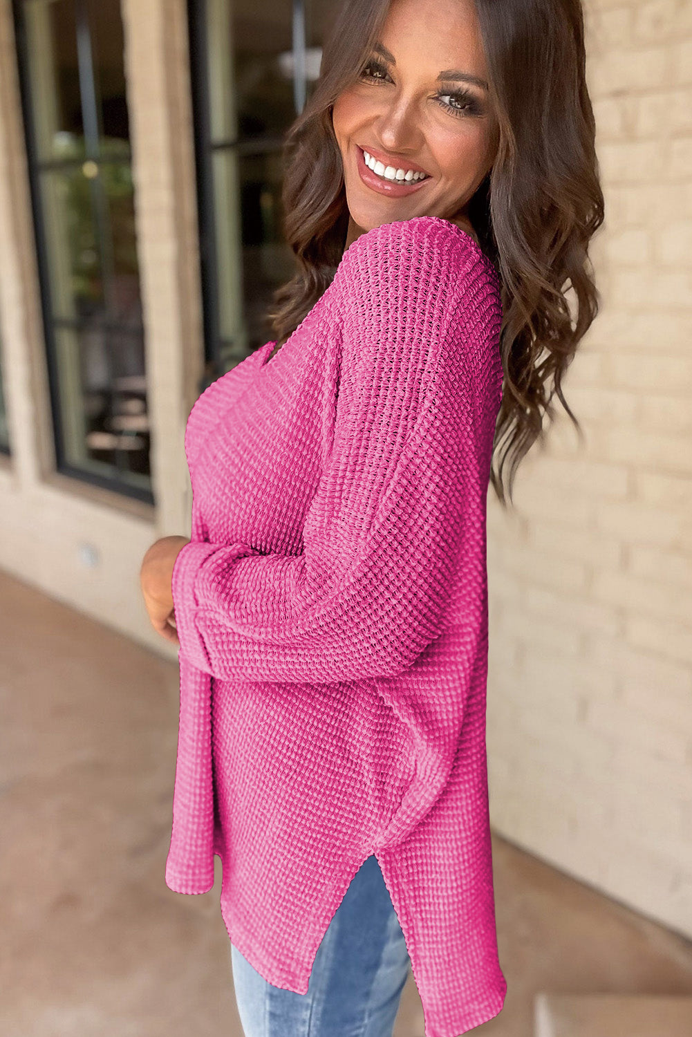 Waffle Knit Side Slits Loose Fit V Neck Top